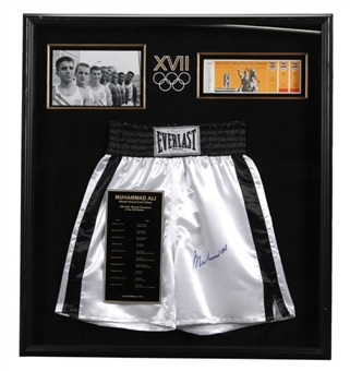 Muhammad Ali Signed Everlast Boxing Trunks and 1960 Rome Olympics Shadow Box Display
